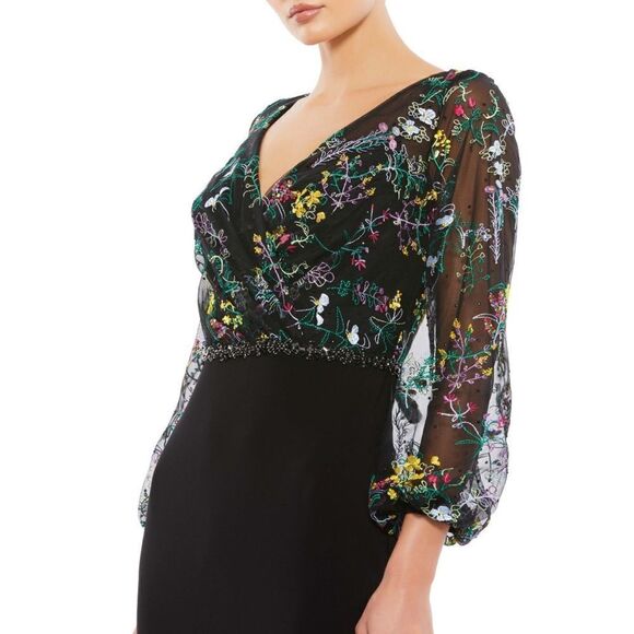 Mac Duggal EMBROIDERED ILLUSION PUFF SLEEVE COLUMN GOWN 79379 - Picture 2 of 10